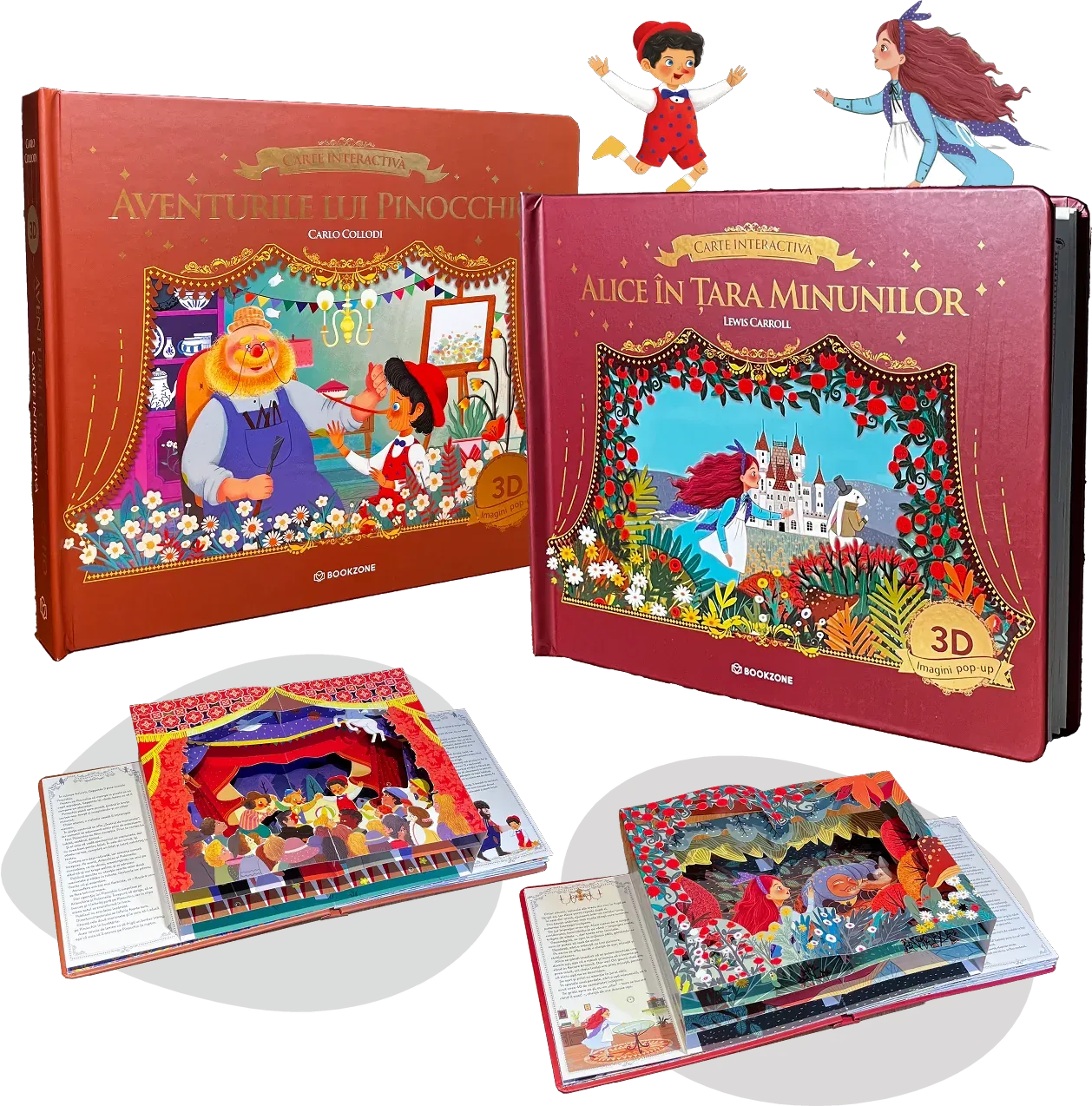 Cărțile pop-up Aventurile lui Pinocchio și Alice în Țara Minunilor, închise și deschise