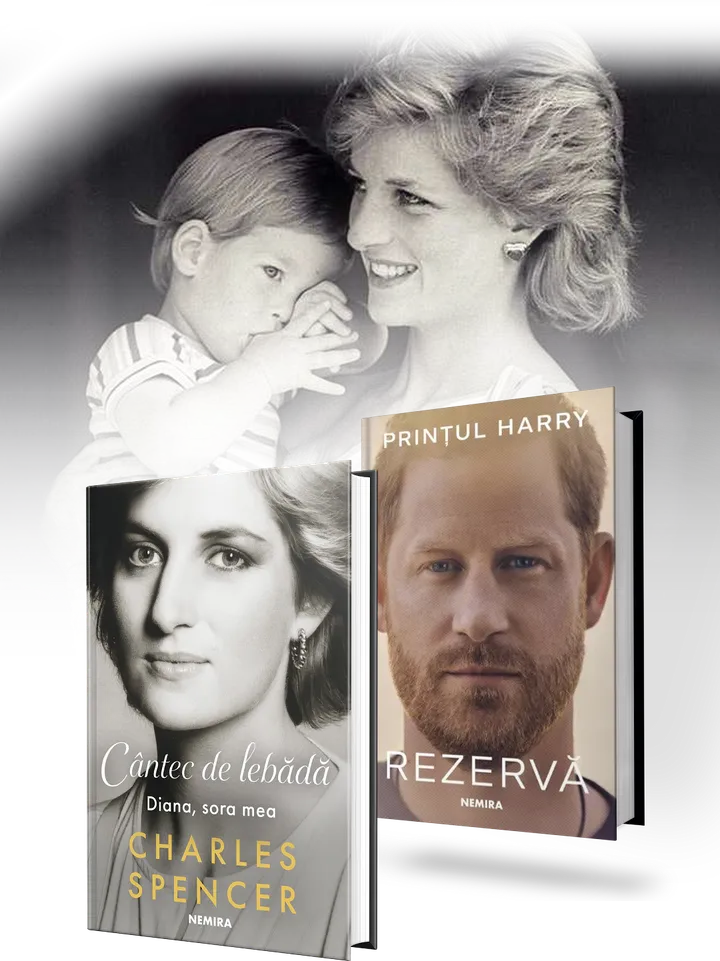 Diana și prințul Harry, alături de cărțile Cântec de lebădă și Rezerva